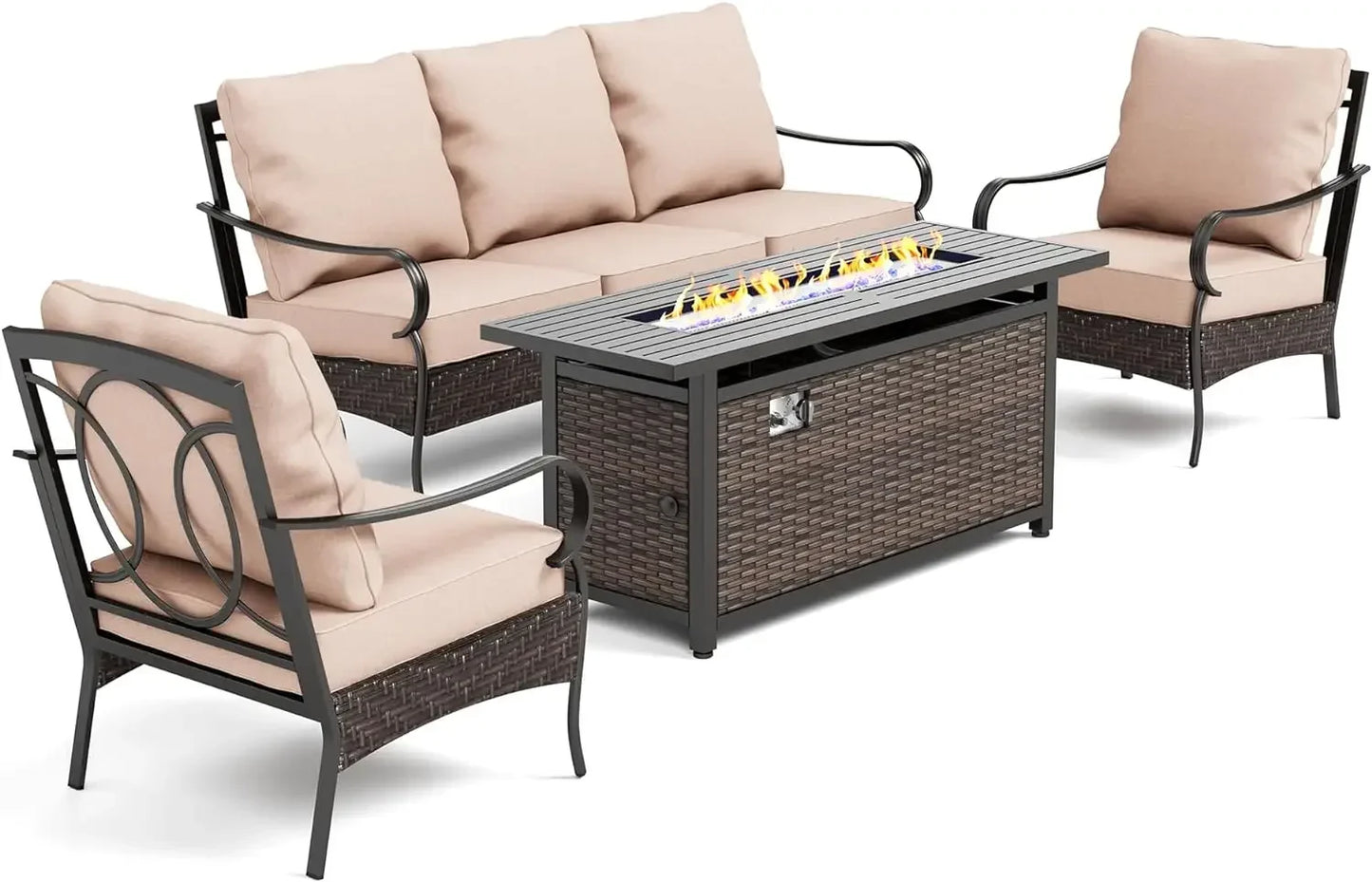 6 Pieces Outdoor Patio Furniture Set with Fire Pit Table, Large Outdoor Conversation Sets for 7, Metal Patio Furniture Set