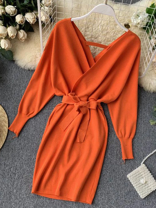 YuooMuoo Herbst Winter Frauen Gestrickte Pullover Kleid 2022 Neue Koreanische Lange Batwing Sleeve V-ausschnitt Elegante Kleid Damen Verband Kleid