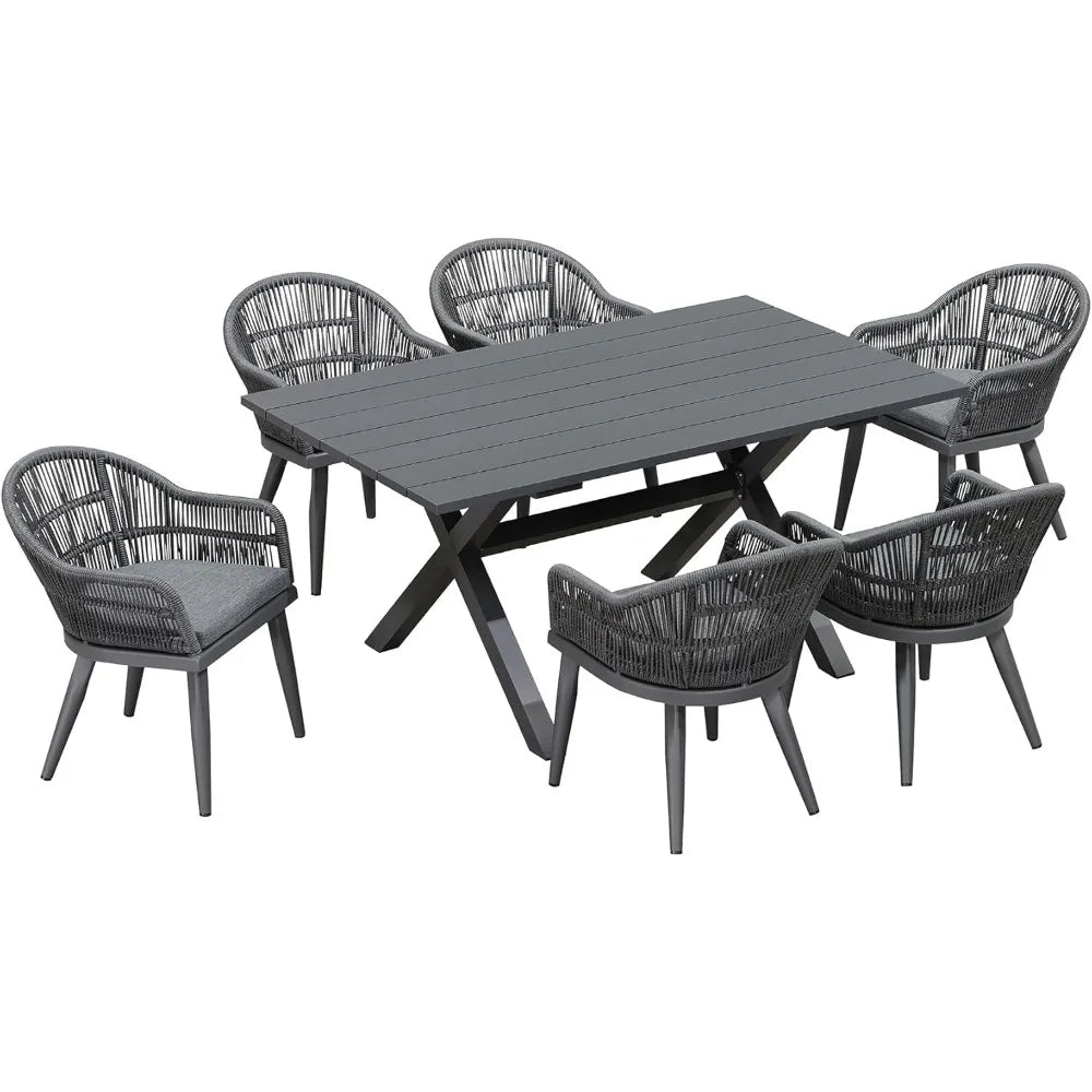 7 Pieces Patio Dining Set, with Outdoor Aluminium Dining Table and Woven Rattan Chairs ,Modern Metal Furniture Sets