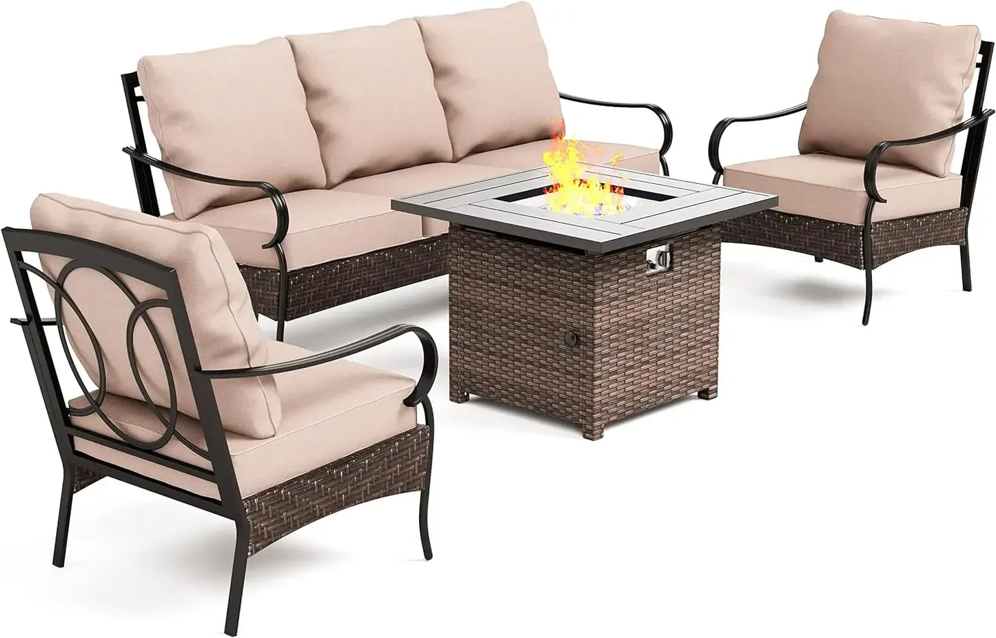 6 Pieces Outdoor Patio Furniture Set with Fire Pit Table, Large Outdoor Conversation Sets for 7, Metal Patio Furniture Set