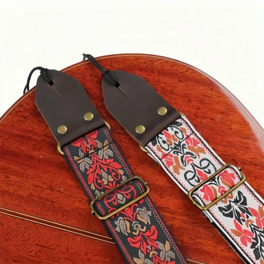 Vintage Flowers Embroidered Guitar Strap Leather Head Tail Nail Pick Guitar Strap Belt Adjustable Ultra Thick