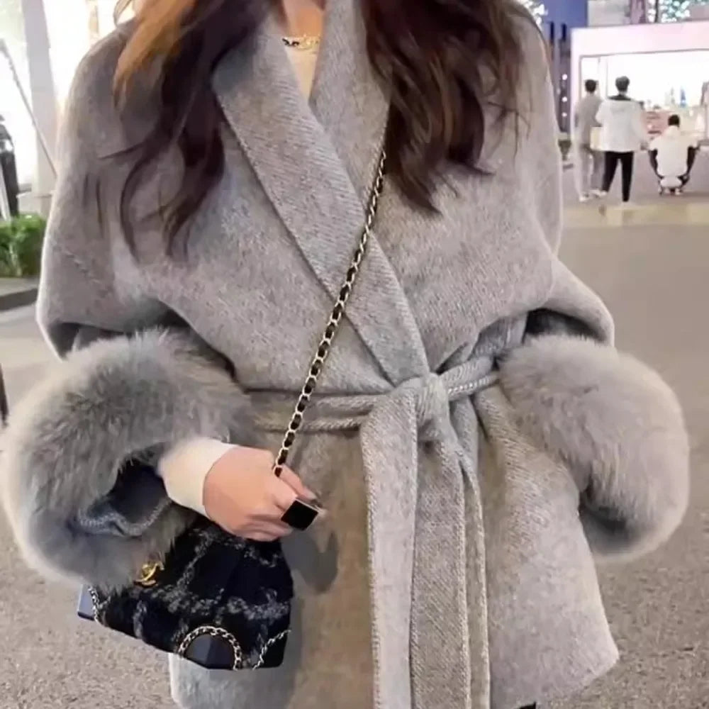 High End Double-sided Wool Strapping Real Wool Fur Coat Women's Removable Cuffs Fox Fur Temperament Cashmere Short Jacket