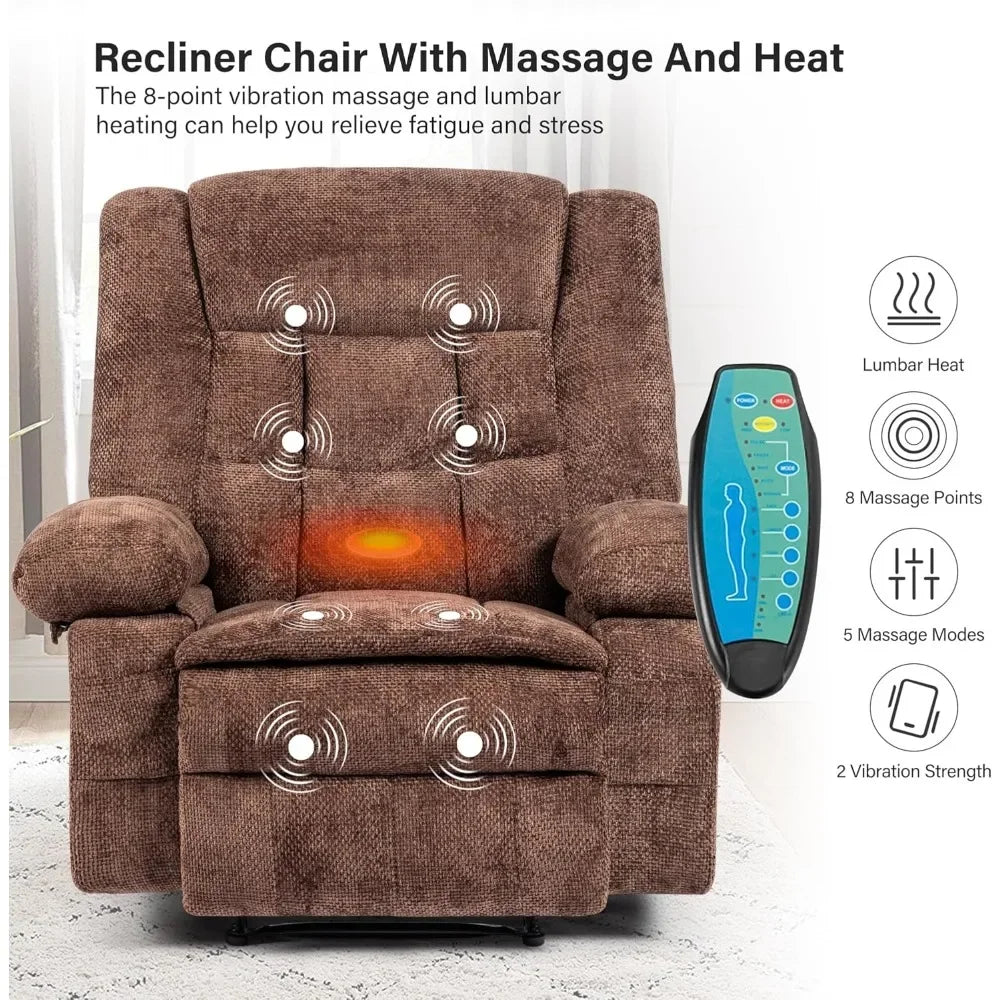 Recliner Chair for Adults with Massage and Heat, Breathable Fabric Reclining Chair with Side Pockets,  Brown,Living Room Chairs