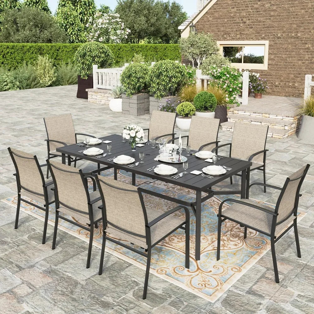 9 Pieces Patio Dining Set, 8 X Brown Textilene Patio Chairs and 1 X 83 Large Rectangle Dining Table, Outdoor Furniture Sets