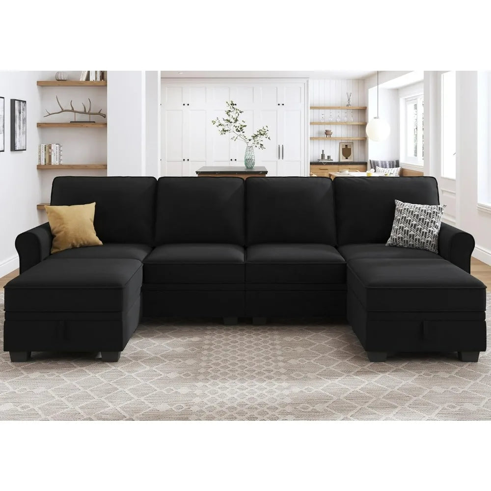 Sectional Sofa with Storage Seat Velvet U Shaped with Reversible Chaise Convertible Sectional Couches for Living Room,Black