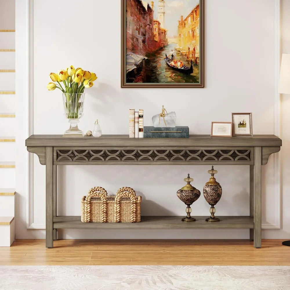 70.8-Inch Solid Wood Long Console Table, Farmhouse Entryway Table with Storage, Narrow Sofa Table Couch Table for Living Room