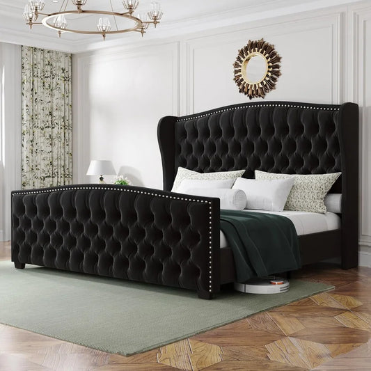 Bed Frame with Wingback Headboard, Velvet Upholstered Bed Frame with Handmade Button Tufted & Nailhead, Wooden Slats Support