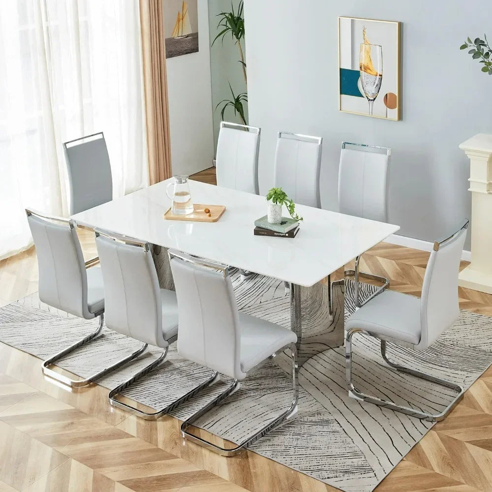 71'' Rectangular Glass Table Top with Stainless Steel Base,Large Kitchen Table with 8 Light Grey PU Leather Chairs