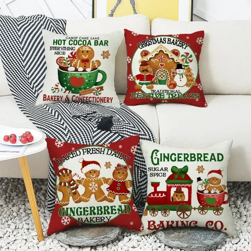 4PCS Cute Gingerbread Man Christmas Cushion Cover 45x45cm Linen Winter Christmas Decorations Pillow Covers For Chair Bed Sofa