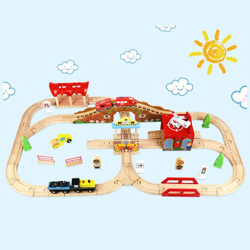 Wooden Train Track Highway Scene Set Railway Electric Magnetic Train Toy For All Brands Wooden Track Toy Boy G11