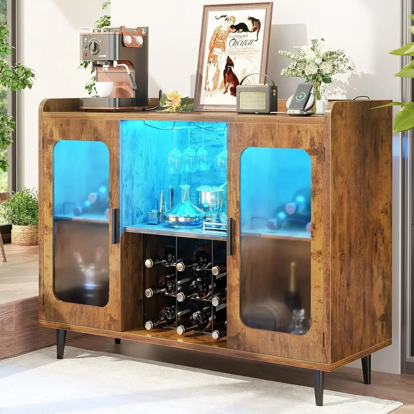 Wine Bar Cabinet with Power Outlet, Liquor Cabinet Bar with LED Light and Glass Holder, Home Coffee Bar Cabinet