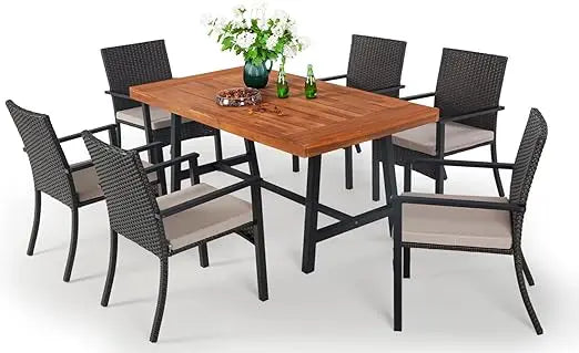 7 Pieces Patio Dining Furniture Set, with Wood-Like Table Set for 6 with Umbrella Hole, Outdoor Dining Furniture Sets