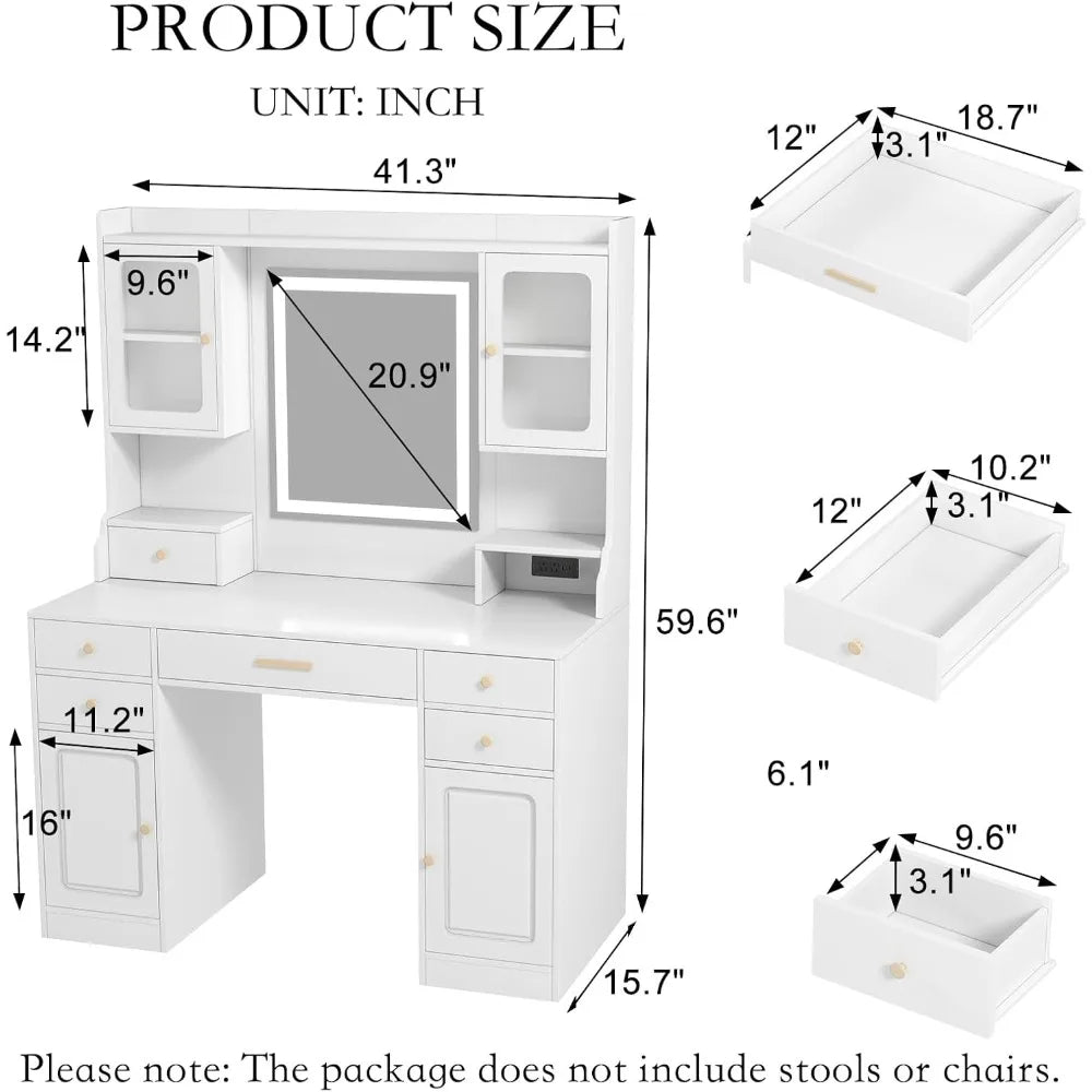 Vanity Desk with Mirror and Lights, 42'' Makeup Vanity with Power Outlet, Makeup Table with Drawers and Cabinet, 3 Lighting