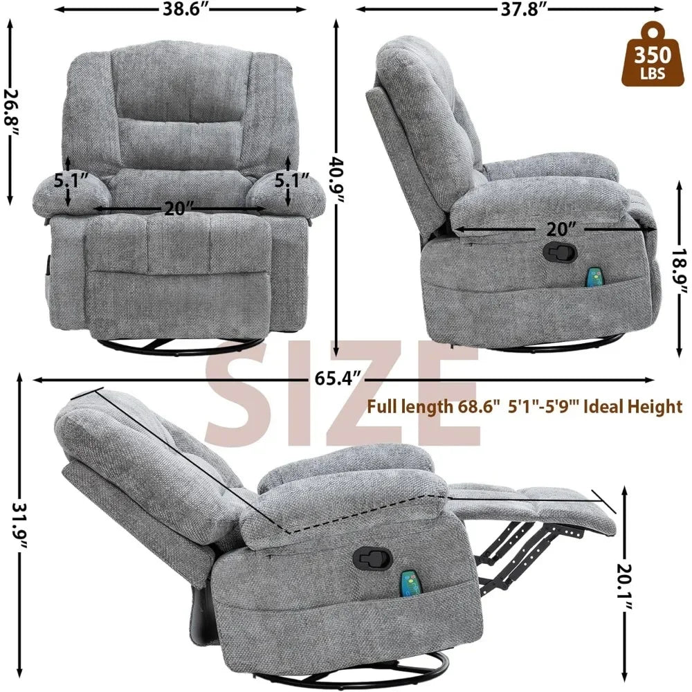 Swivel Recliner Chairs for Adults with Massage & Heat,  for Living Room,Upholstered Fabric 120°Rocking Chair ，Living Room Chairs