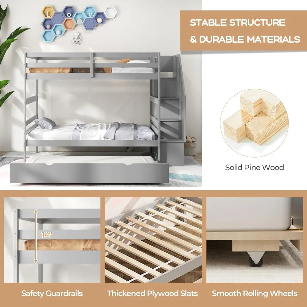 Bunk Bed, with Trundle and Stairs, with Storage Shelf, Bunks Beds Detachable Into 2 Platform Beds, Solid Wood Bunk Bed Frame