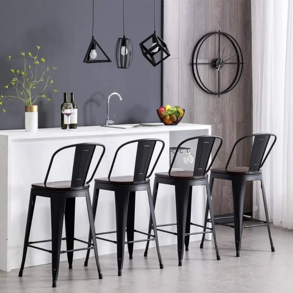 24" High Back Barstools Metal Stool with Wooden Seat Counter Height Bar Stools Living Room Chairs for Kitchen Bar 4-piece set