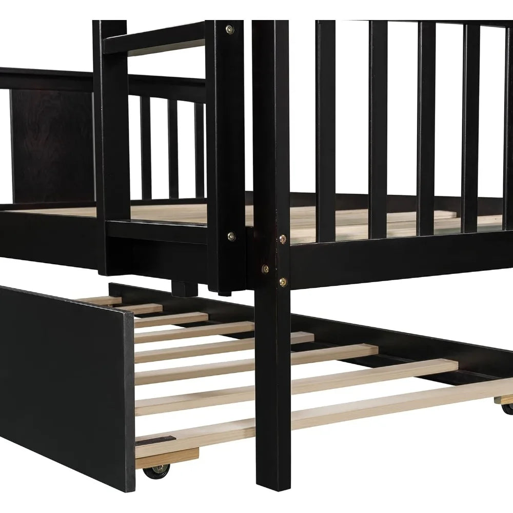 Bunk Bed,Wooden Full Bunks Beds with Twin Size Trundle and Ladder, Space Saving Design Bedroom Furniture ,Wood Bunk Bed Frame