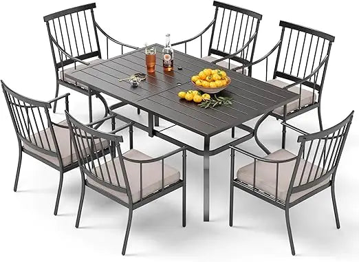 7 Pieces Outdoor Dining Set ,Metal Dining Table,Umbrella Hole& Cushioned Iron Swivel Chairs Furniture Set ,Garden Furniture Sets