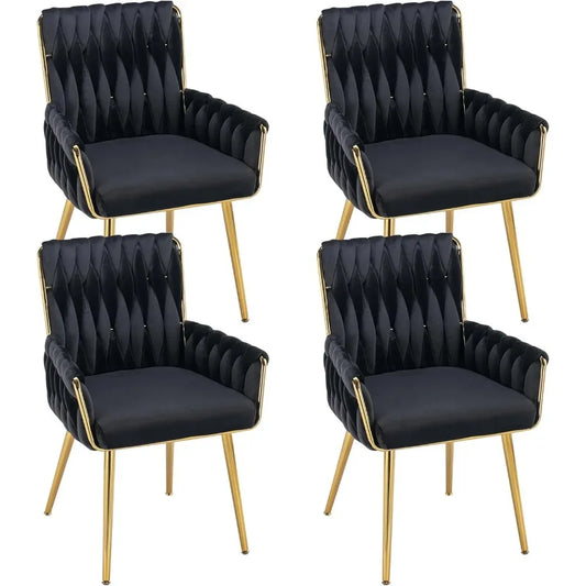 Velvet Dining Chairs Set of 4, Modern Hand Weaving Dining Room Chairs with Golden Metal Legs & Armrest, Dining Chairs