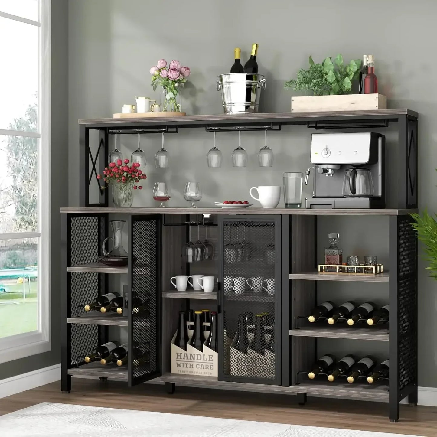 Wine Bar Cabinet, 55 Inches Industry Coffee Bar Cabinet with Wine Rack and Glass Holder, Kitchen Sideboard Buffet Cabinet