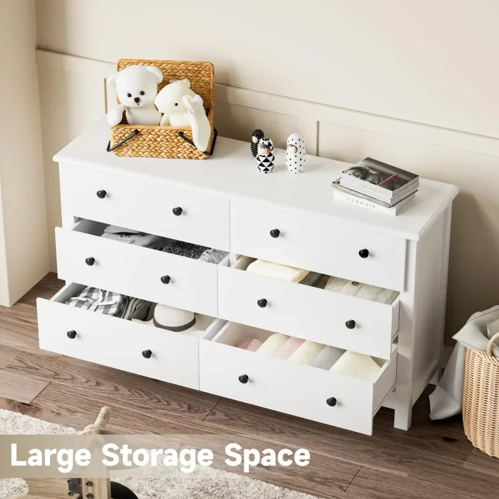 White Dresser, Modern 6 Drawer Double Dresser for Bedroom Adults & Kids with Black Pulls, Wide Dressers & Chests of Drawers