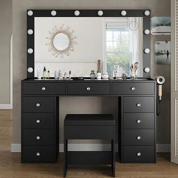 Vanity Desk with Power Outlet, Makeup Tables with Mirror and 13 LED Lights, Dressing Tables with 15 Drawers, Vanity Table