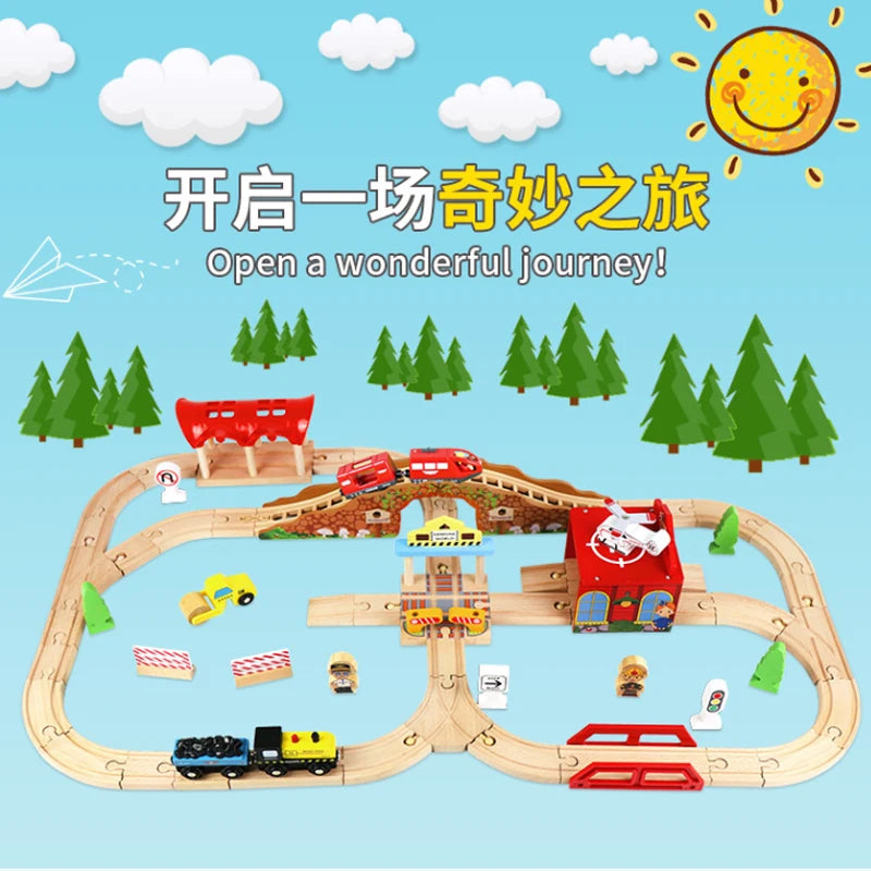 Wooden Train Track Highway Scene Set Railway Electric Magnetic Train Toy For All Brands Wooden Track Toy Boy G11