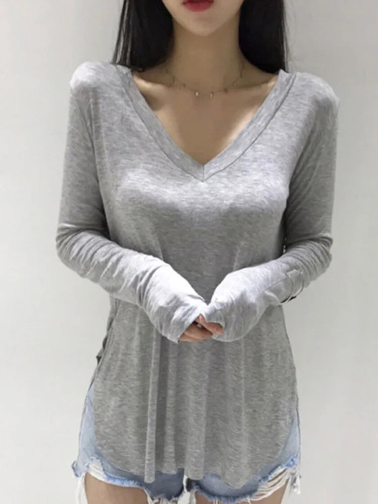 Casual V Neck T Shirt For Women Spring 2023 Korean Style Woman Clothes Basic T Shirts Long Sleeve Tops Loose Tee Shirt Camisetas