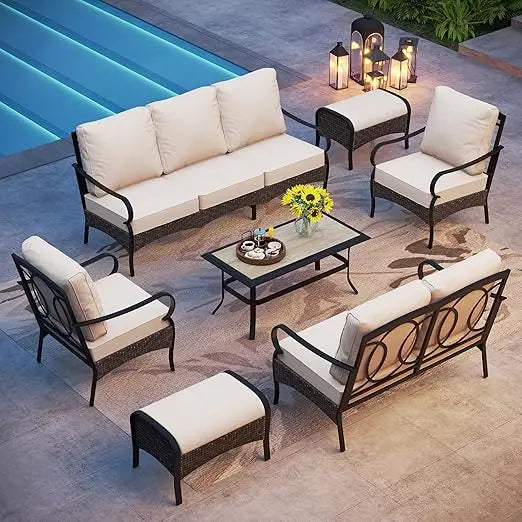 Outdoor Sofa Sets, Wicker Metal Modern Outdoor 7 Pieces Patio Furniture Set with Table,Seat Cushions, Garden Furniture Sets