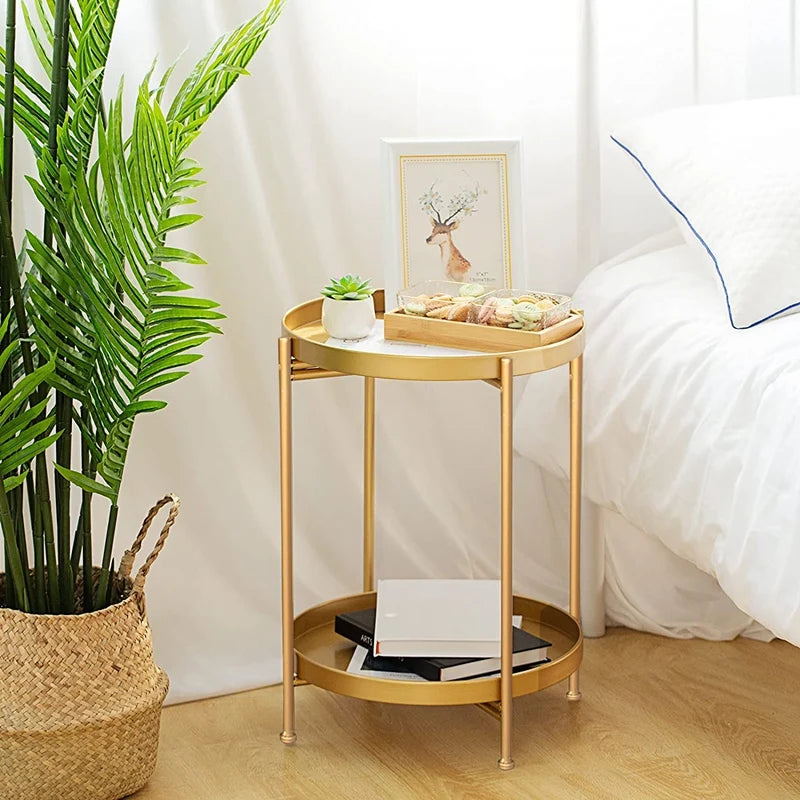 2 Tier Metal Side Table Removable Tray Gold End Table Small Accent Table Sofa Side Snack Table For Living Room Bedroom