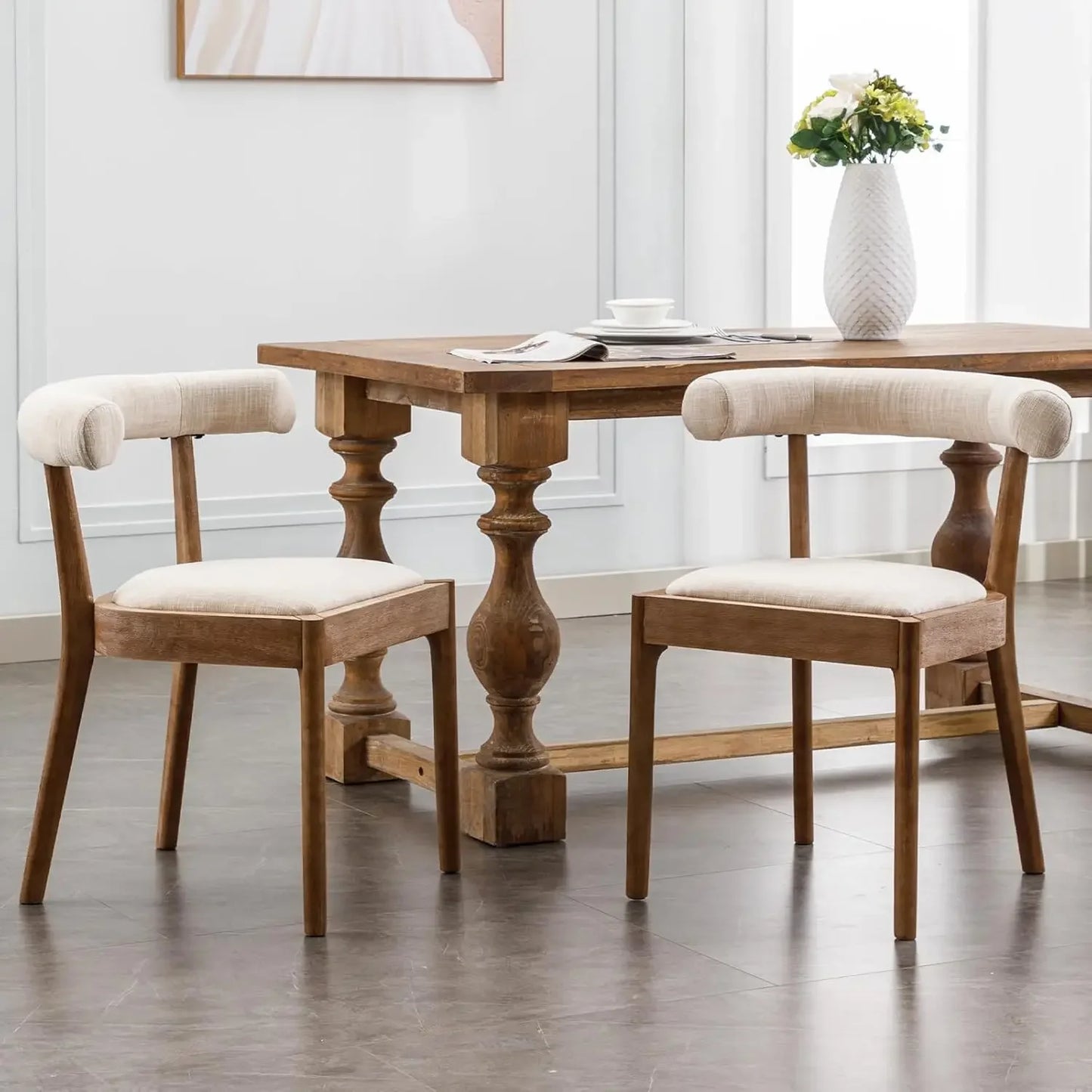 Table Chairs Set of 4 Linen Fabric Kitchen Chairs with Comfortable Open Back Wood Side Chairs for Living Room/Restaurant