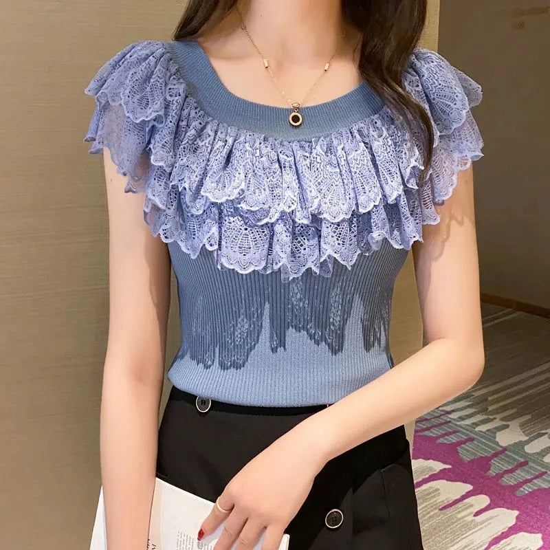 Casual Lace Knitted Tops T-shirts Women 2024 Fashion Elastic White Black Purple Top Sexy Ladies Kawaii T Shirts korean Clothes