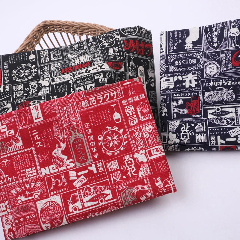 Japanese Style Newspaper Cotton Fabric Red Black Home Tablecloth DIY Handmade Cloth by Half Meter