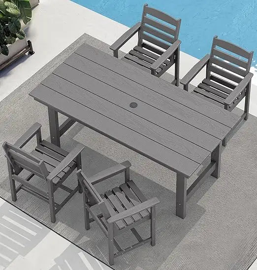 Outdoor Dining Sets, Outdoor HDPE Dining Furniture Set with Umbrella Hole Cut-Out Table and 4 Chairs, All Weather Dining Set