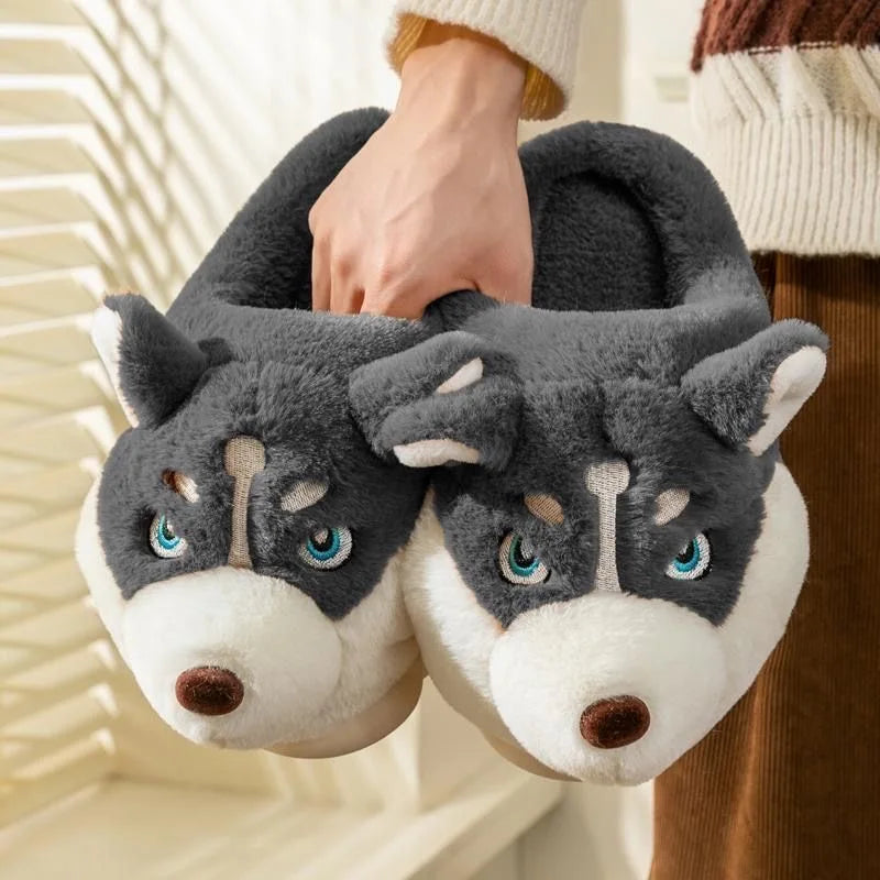 Women Indoor Cotton Slippers Cute Cartoon Dog Winter Warm Shoes Couples Home Floor Slides Anti-slip  Female Male House Footwear