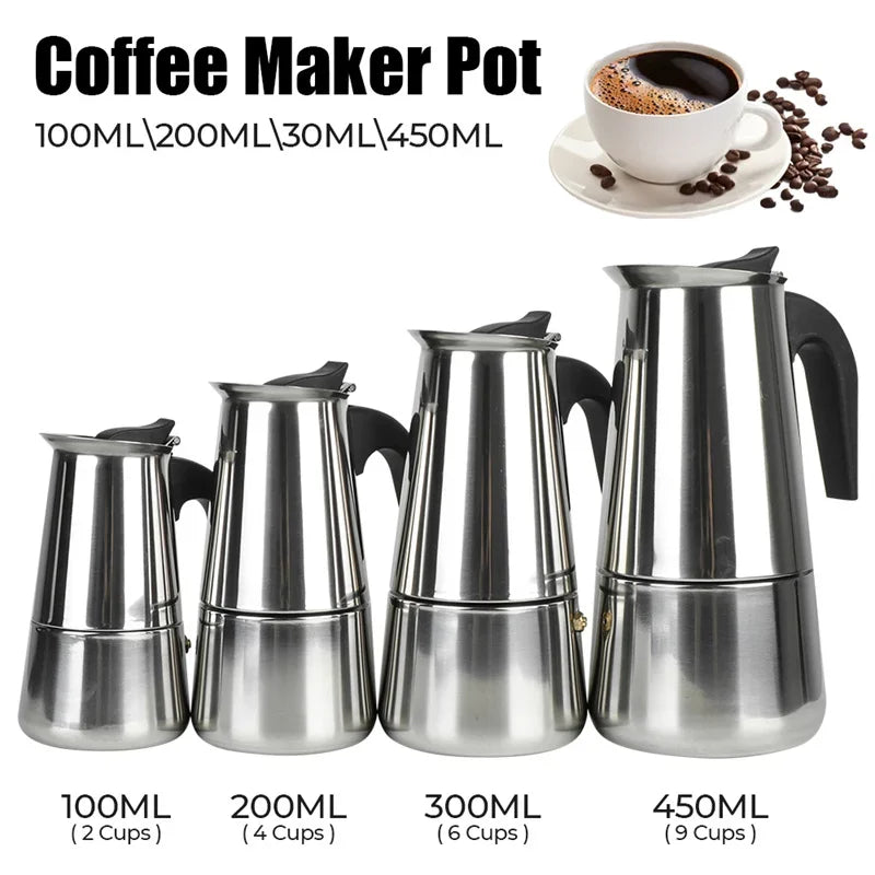 Coffee Maker Pot Moka Coffee Maker Stainless Steel 2/4/6/9 Cups Mocha Espresso Latte Stovetop Filter Coffee Pot for Kitchen