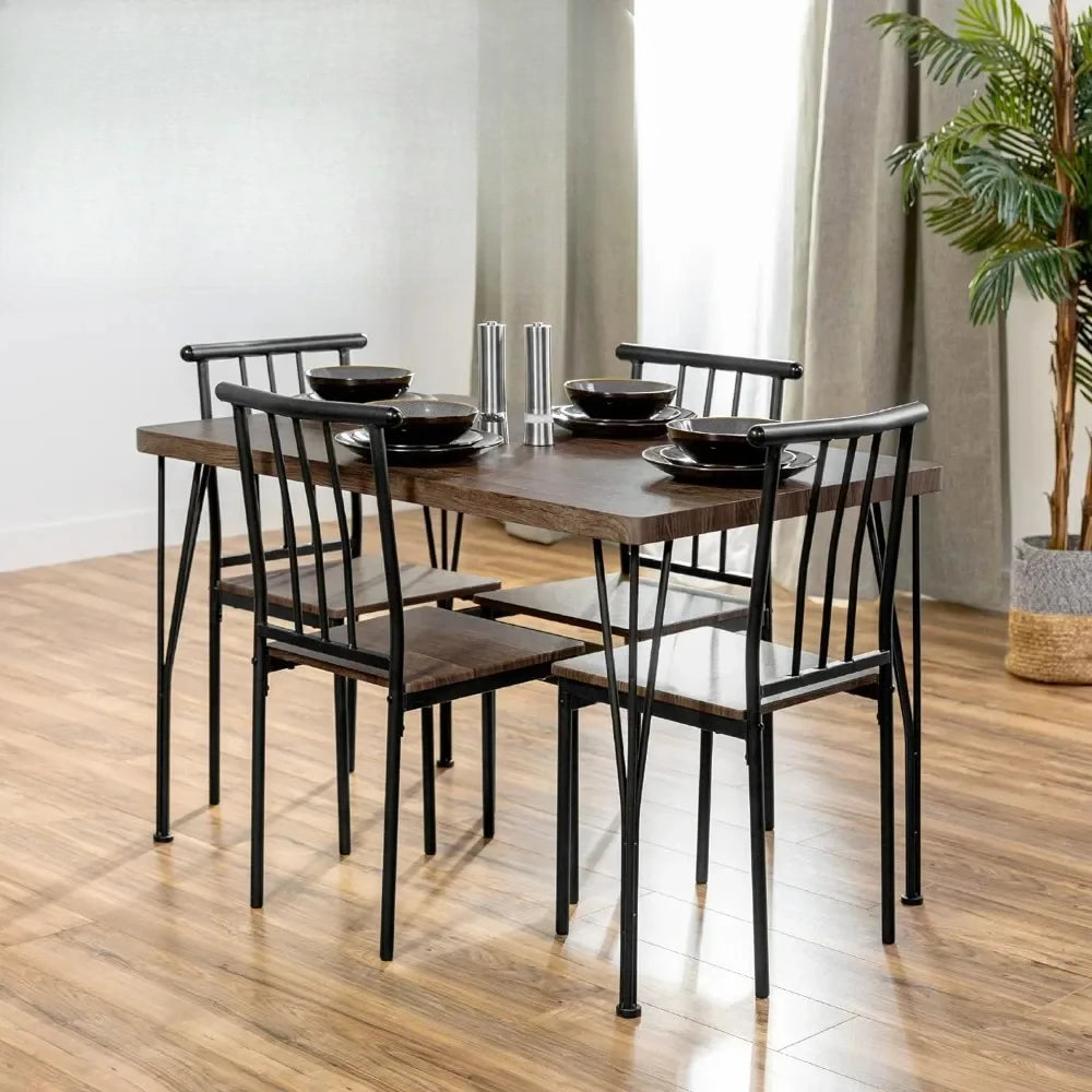 Metal and Wood Indoor Modern Rectangular Dining Table Furniture Set for Kitchen, Dining Room, Dinette,Breakfast Nook w/ 4 Chairs