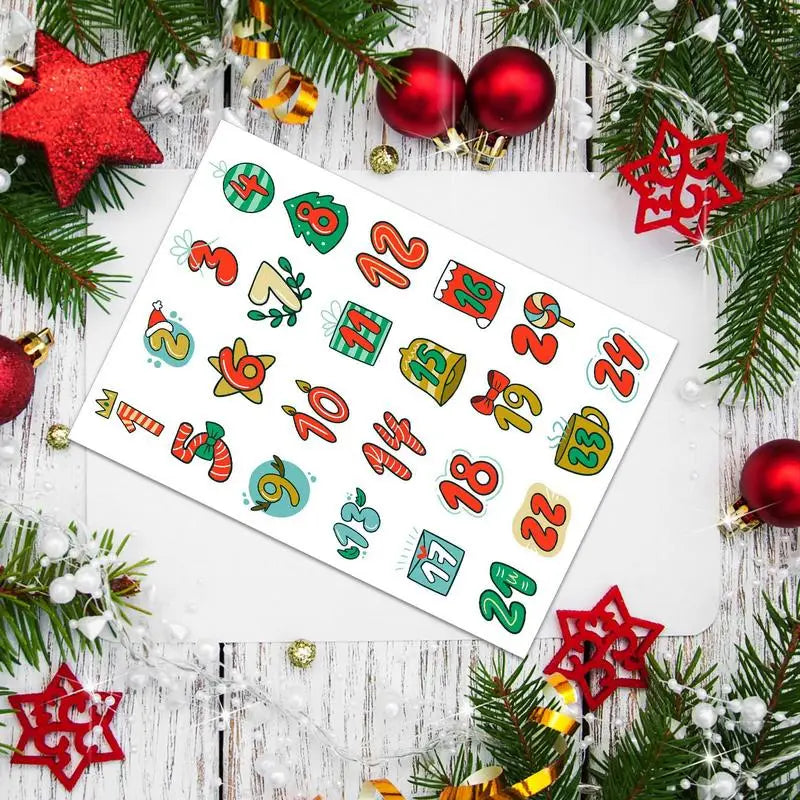 Christmas Countdown Decals 1-24 Numbers Decorative Greeting Card Decals Advent Calendar Sealing Stickers For Cookie Bag Labels