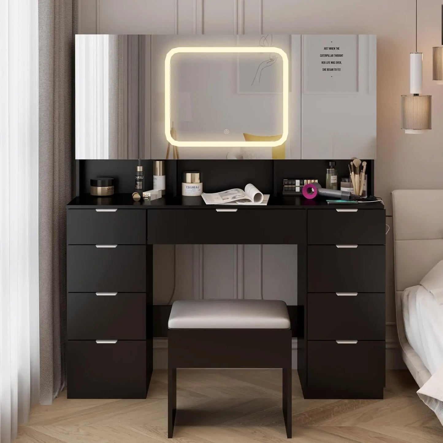 Vanity Table Set with LED Lighted Mirror, Makeup Vanity Desk with Charging Station Storage Cabinets & Drawers Cushioned Stool