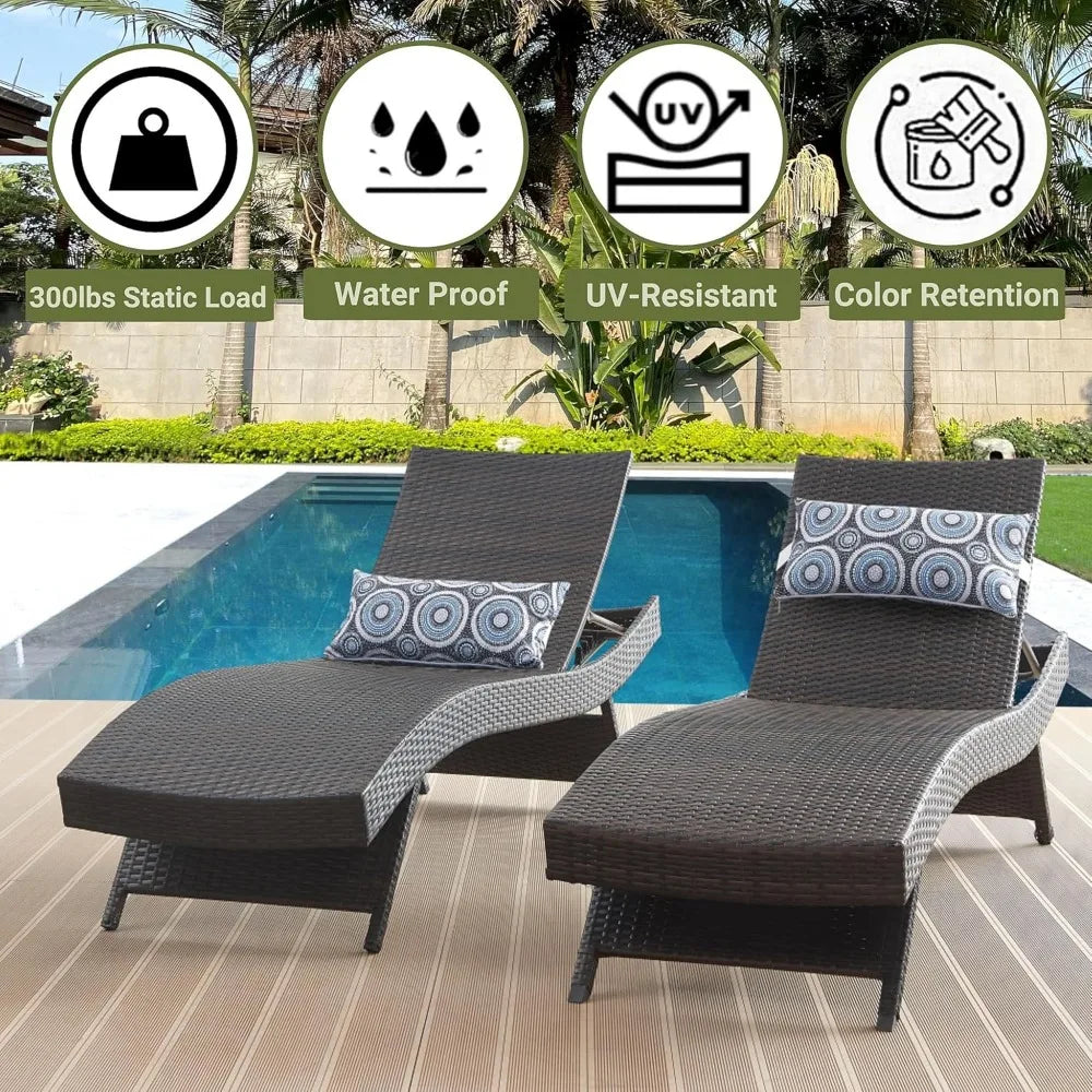 79'' Long Reclining Chair Set of 2 with Cushions, Rattan Chaise Lawn Sunbathing Chairs Beach Poolside Garden Backyard Recliners