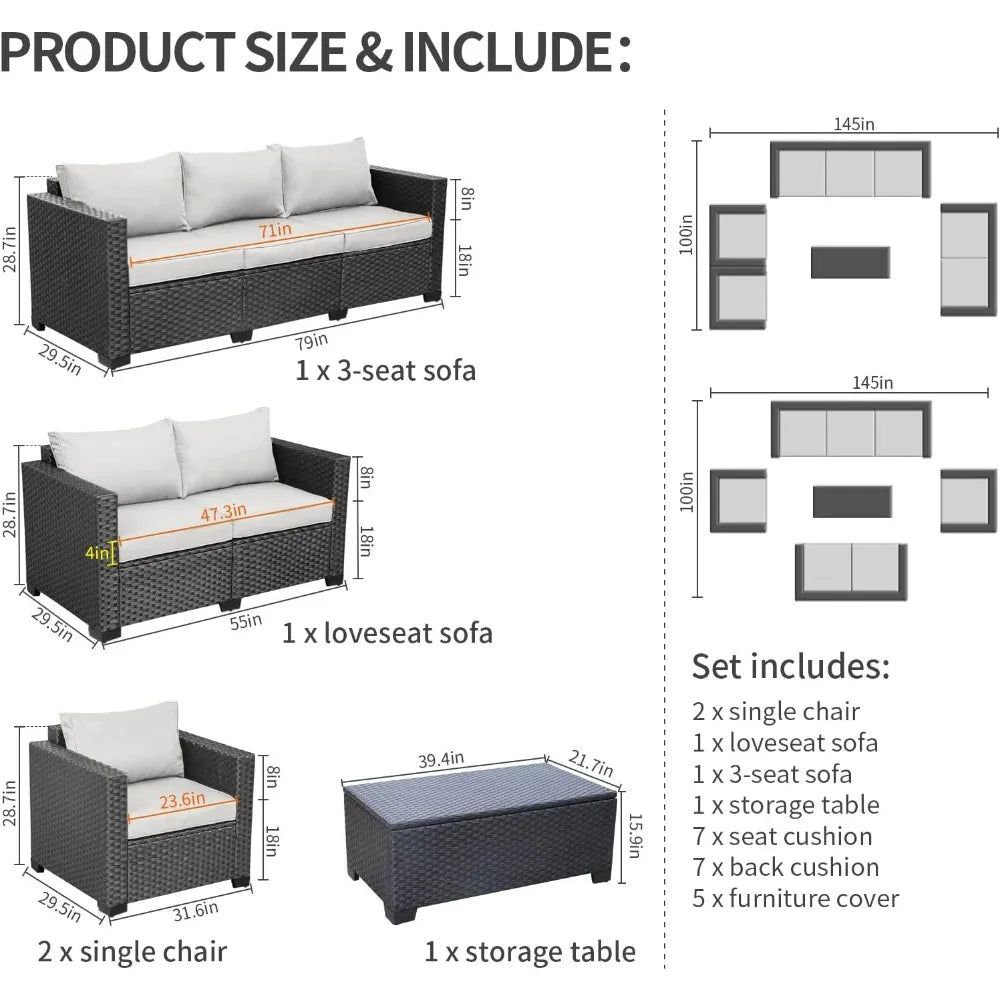 5-Piece Furniture Sofa Set, Outdoor Wicker Sectional Couch with Storage Table Non-Slip Cushions , Rattan Garden Furniture Sets