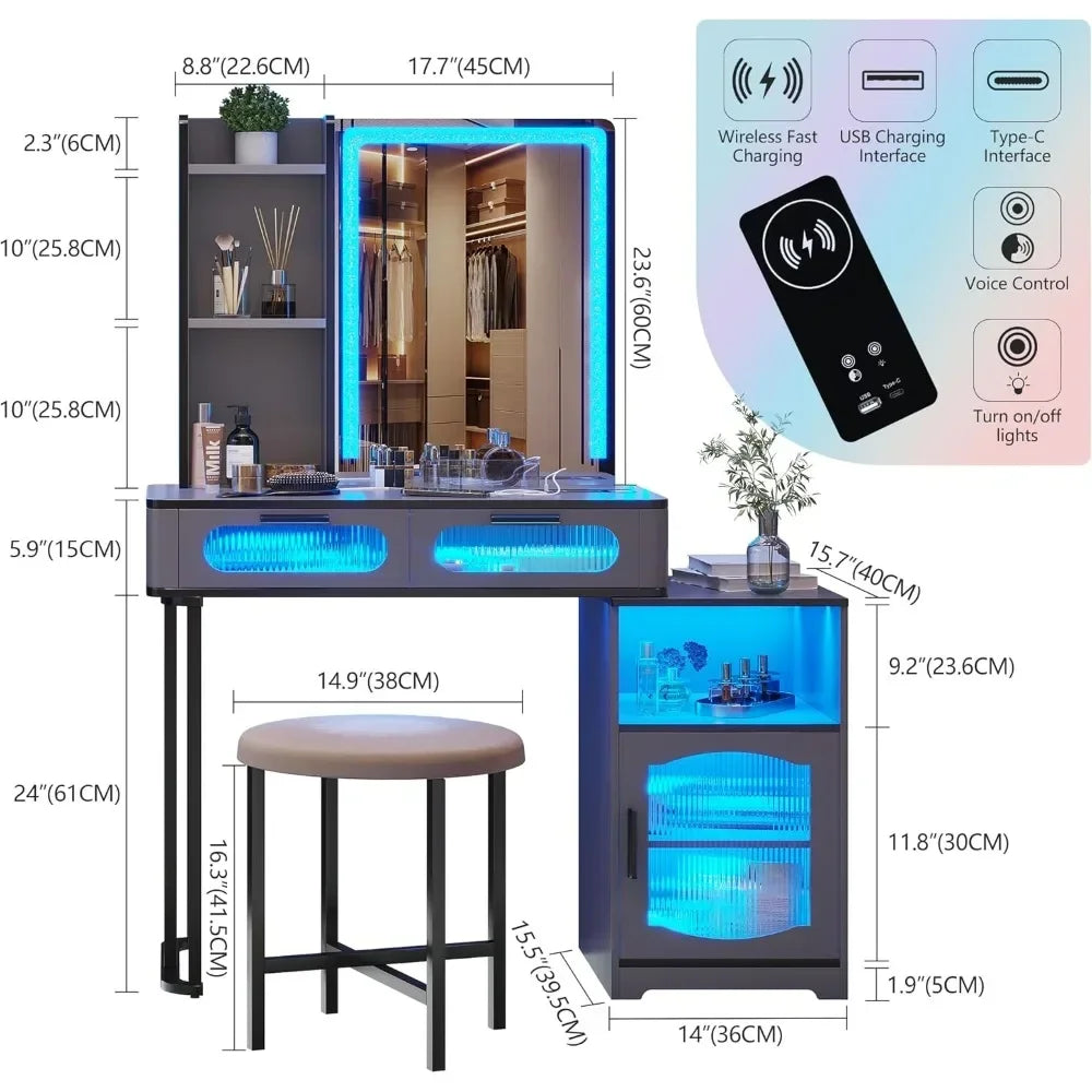 Vanity Desk with Mirror and Lights Small Makeup Vanity with Voice Activation & Wireless Charging, Bedroom Dressing Table