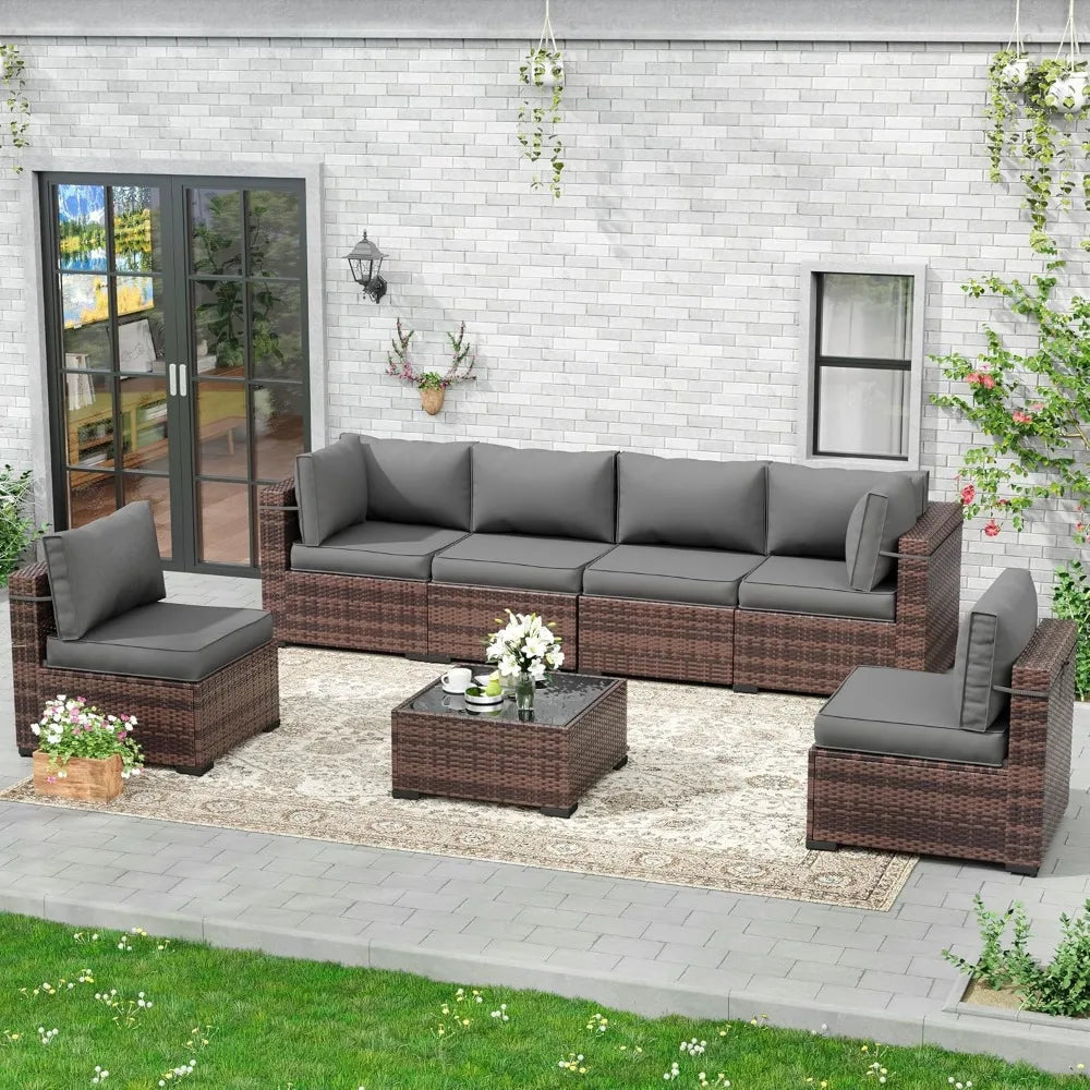 7 Pieces Patio Furniture Set,Patio Couch with Glass Coffee Table for Backyard Garden,OutdoorFurniture Sectional Rattan Sofa Sets