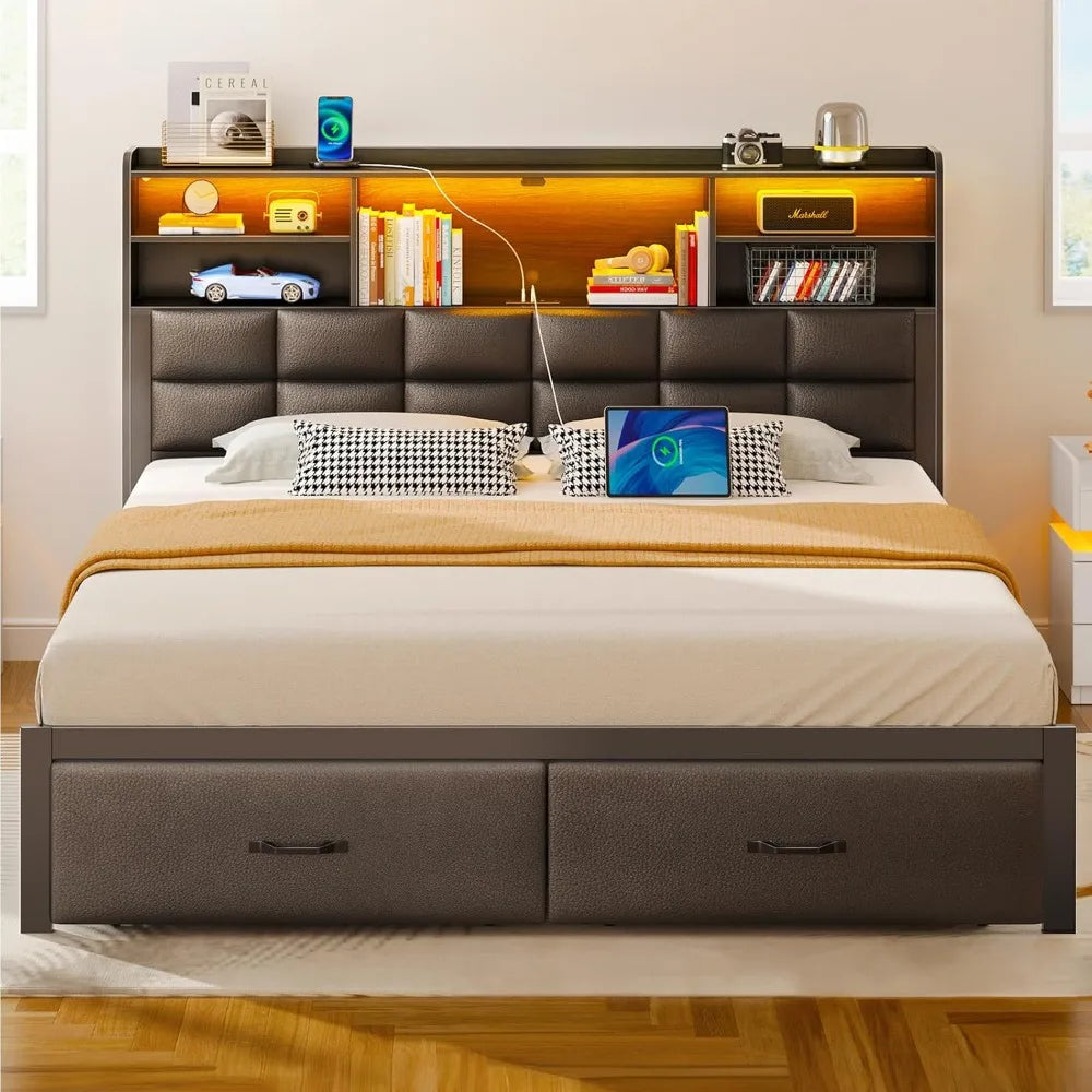 Bed Frame with Drawers and Charging Station, Upholstered Platform Bed with Storage Headboard and LED Light