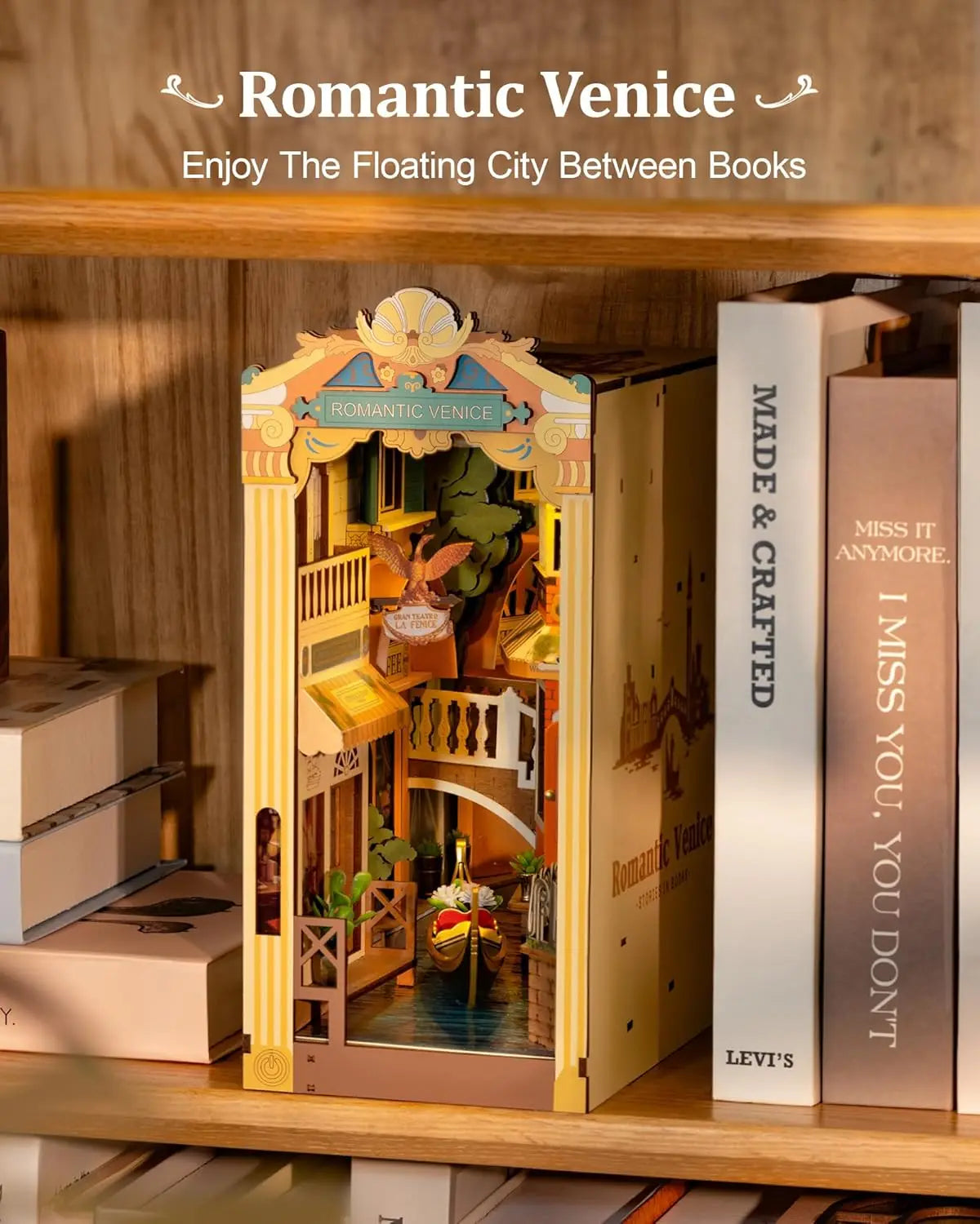 Robotime Book Nook Kits Romantic Venice with LED Lights 3D Wooden Puzzle Bookend Bookshelf Miniature House Kit for Adults