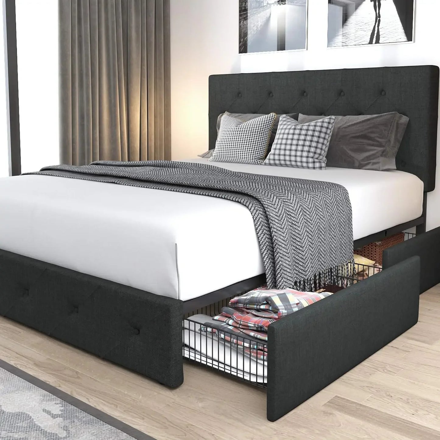 Upholstered Queen Size Platform Bed Frame with 4 Storage Drawers and Headboard,Square Stitched Button Tufted,Mattress Foundation