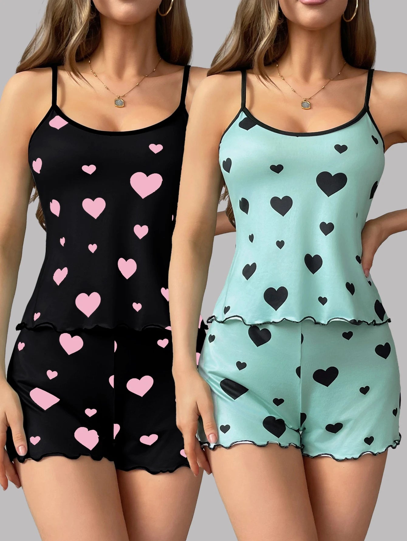 【 2 sets of combination 】 Women's love printed sexy backless camisole shorts pajama set comfortable home wear