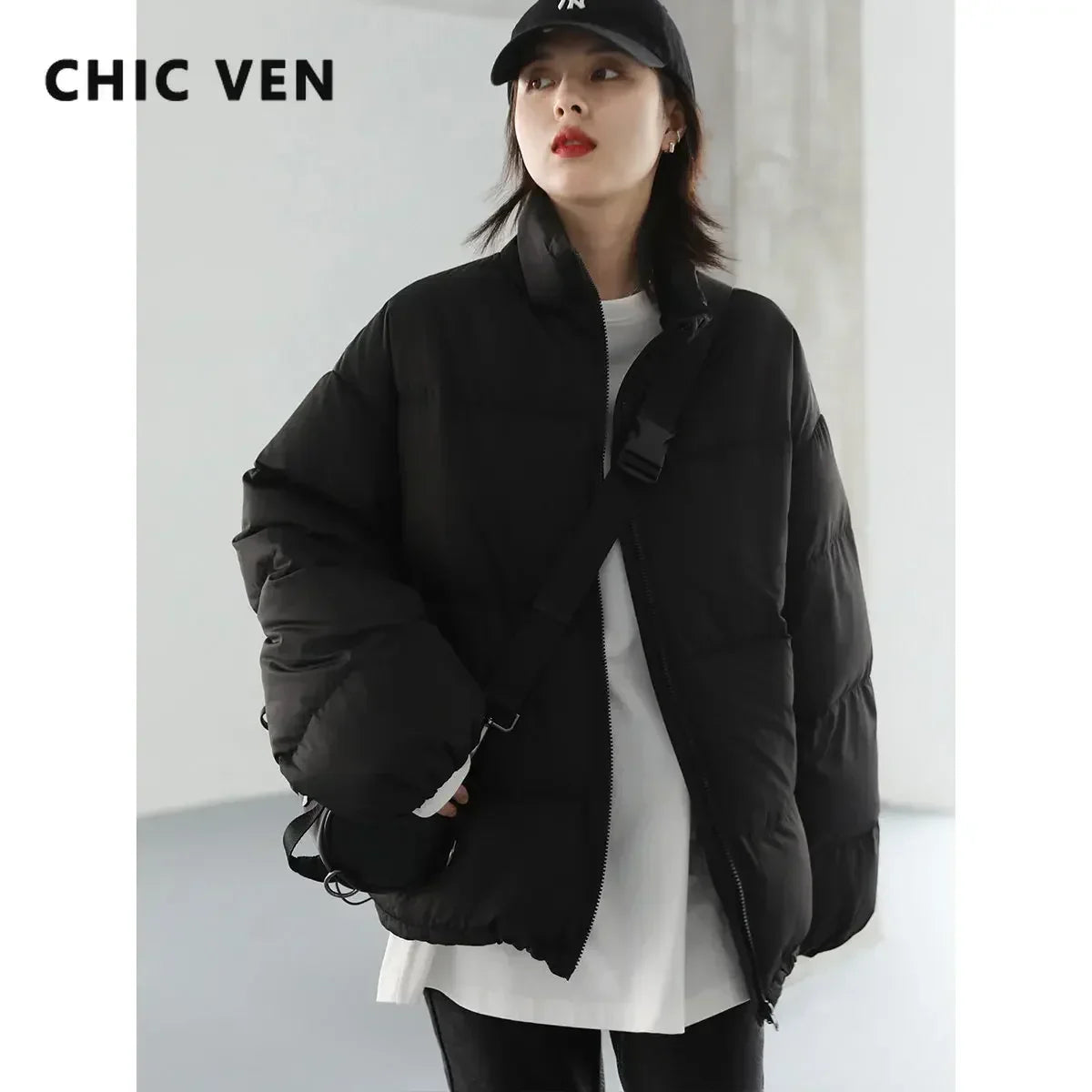 CHIC VEN Fashion Women's Bread Down Jacket Short 90 White Duck Down Thick Warm Down Coat for Woman 2024 Winter Loose Overcoat