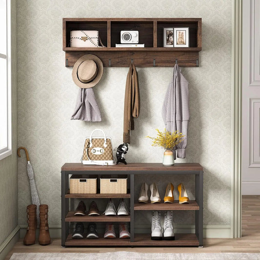 Industrial [Shoe] [Rack] [Bench] with Coat [Rack] Set with Hall Tree, 3 Storage Cubbies, 7 Hooks for Entryway, Hallway