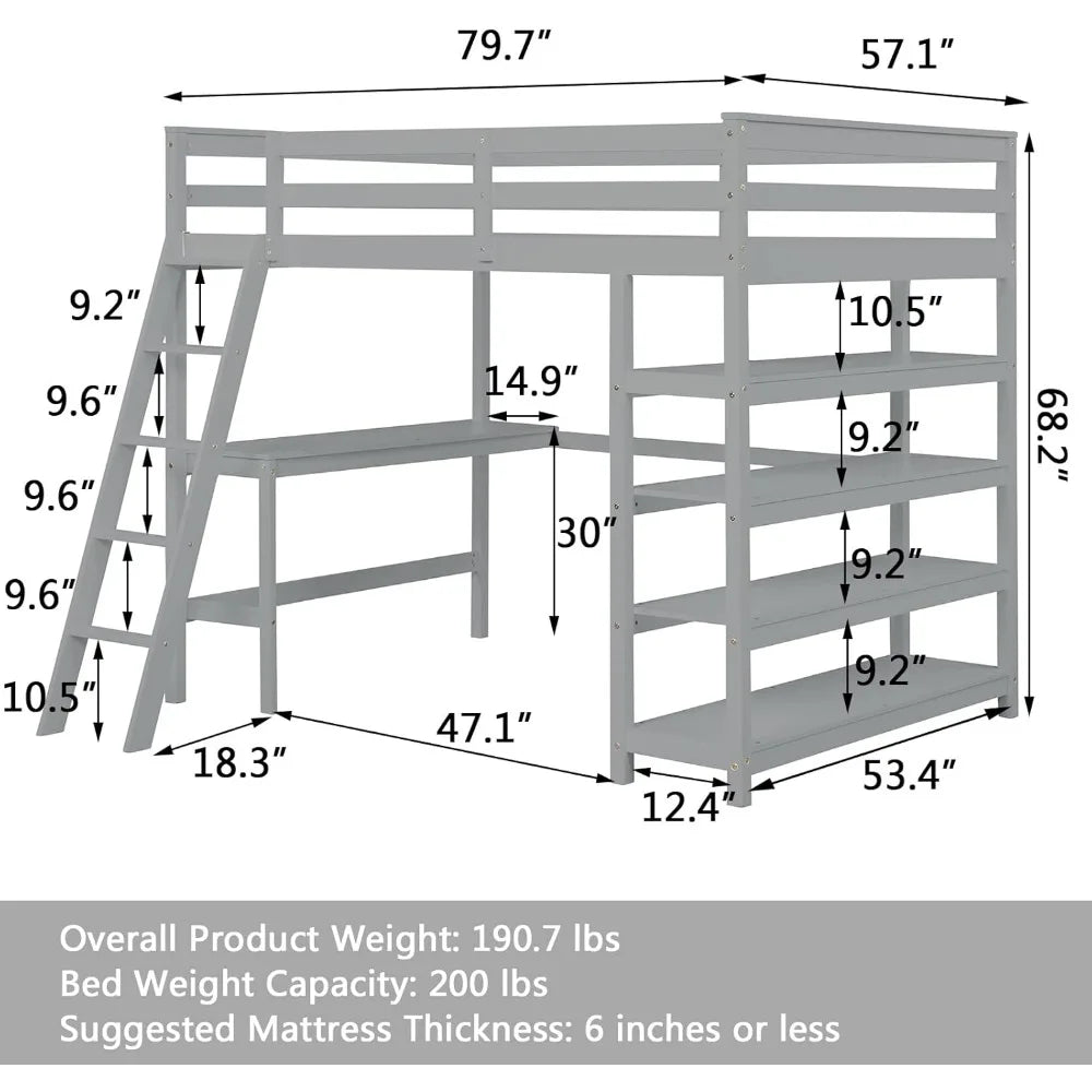 Full Size Loft Bed with Desk,Guardrail and Ladder, High Loft Beds with Desk and Bookcase, Wood Loft Bed Frame